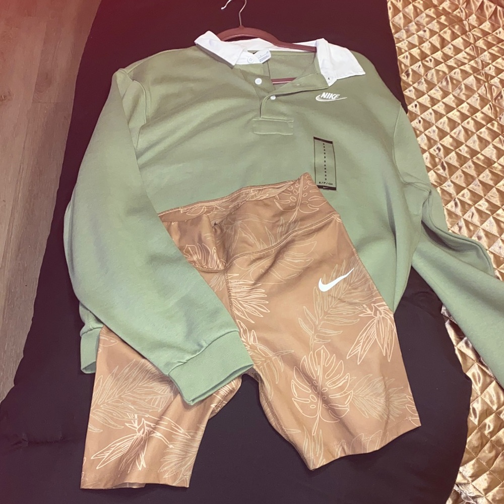 Nike Sage Green Rugby Polo with Tan Floral Biker Shorts